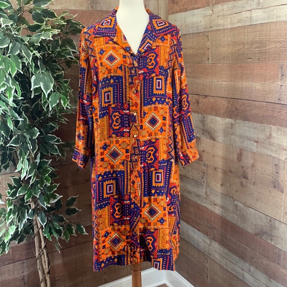 Vintage Dresses & Skirts - VINTAGE Orange Blue Loud Print Dagger Collar Volup Button Down Shift Dress